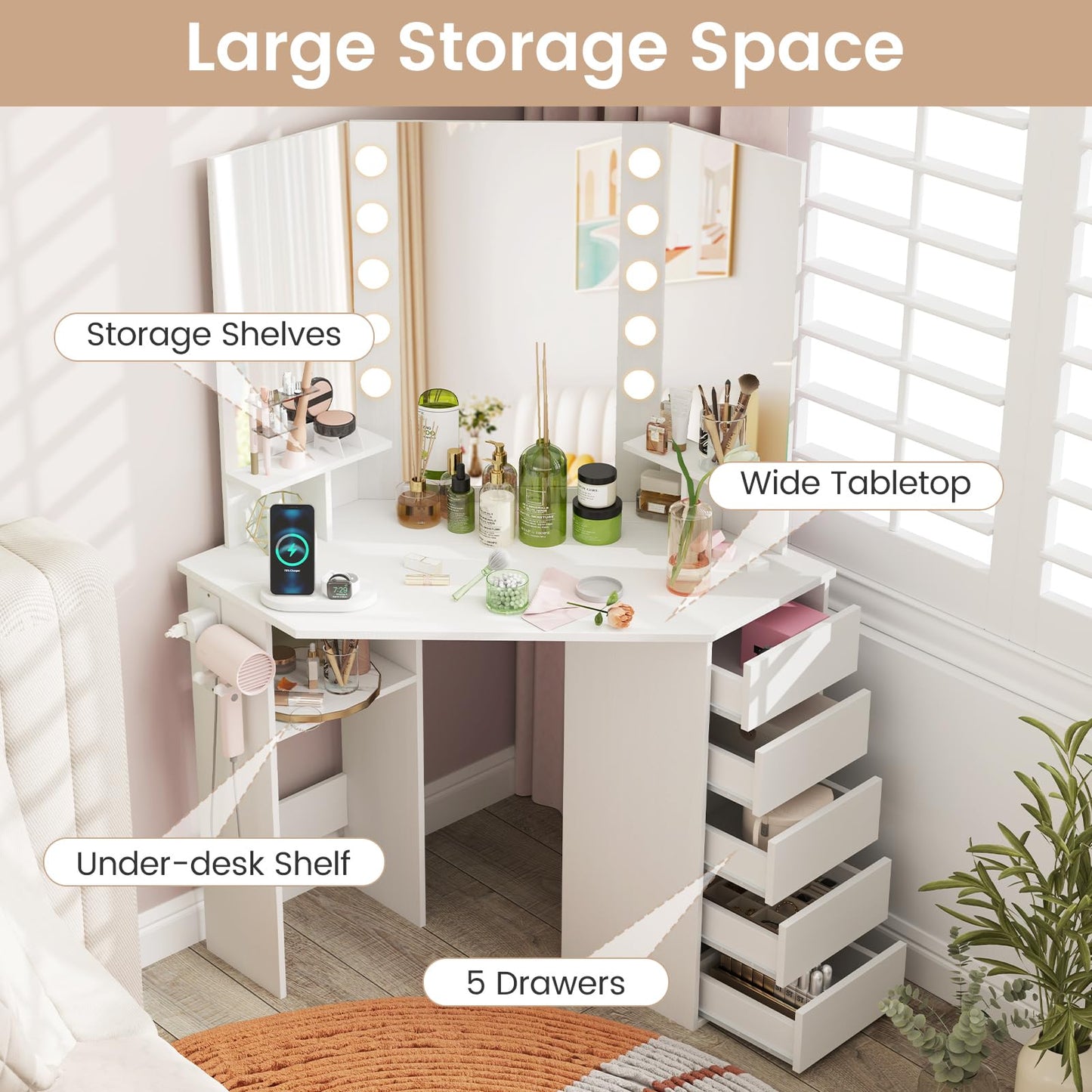 Corner Dressing Table with 3-Angle LED Lights Mirrors & Charging Station