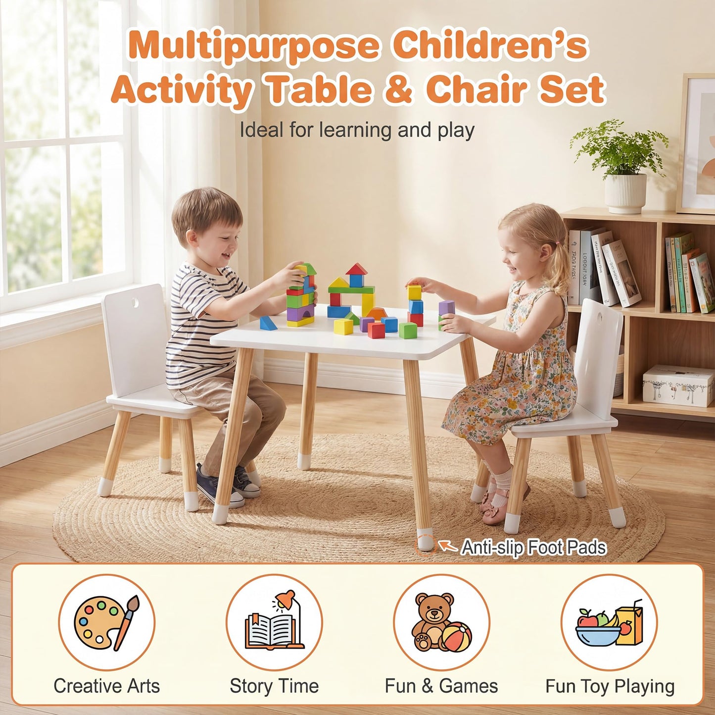 Kids Table and Chair Set, Children Activity Table with 2 Chairs
