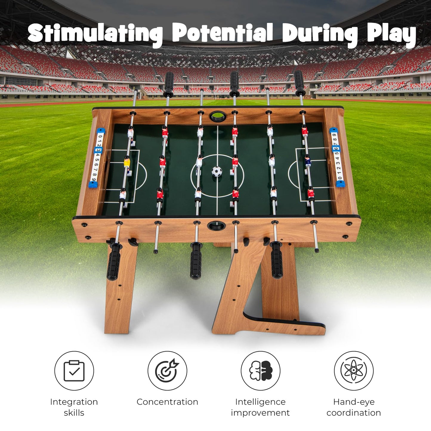 Free Standing Folding Foosball Soccer Game with 2 Mini Footballs