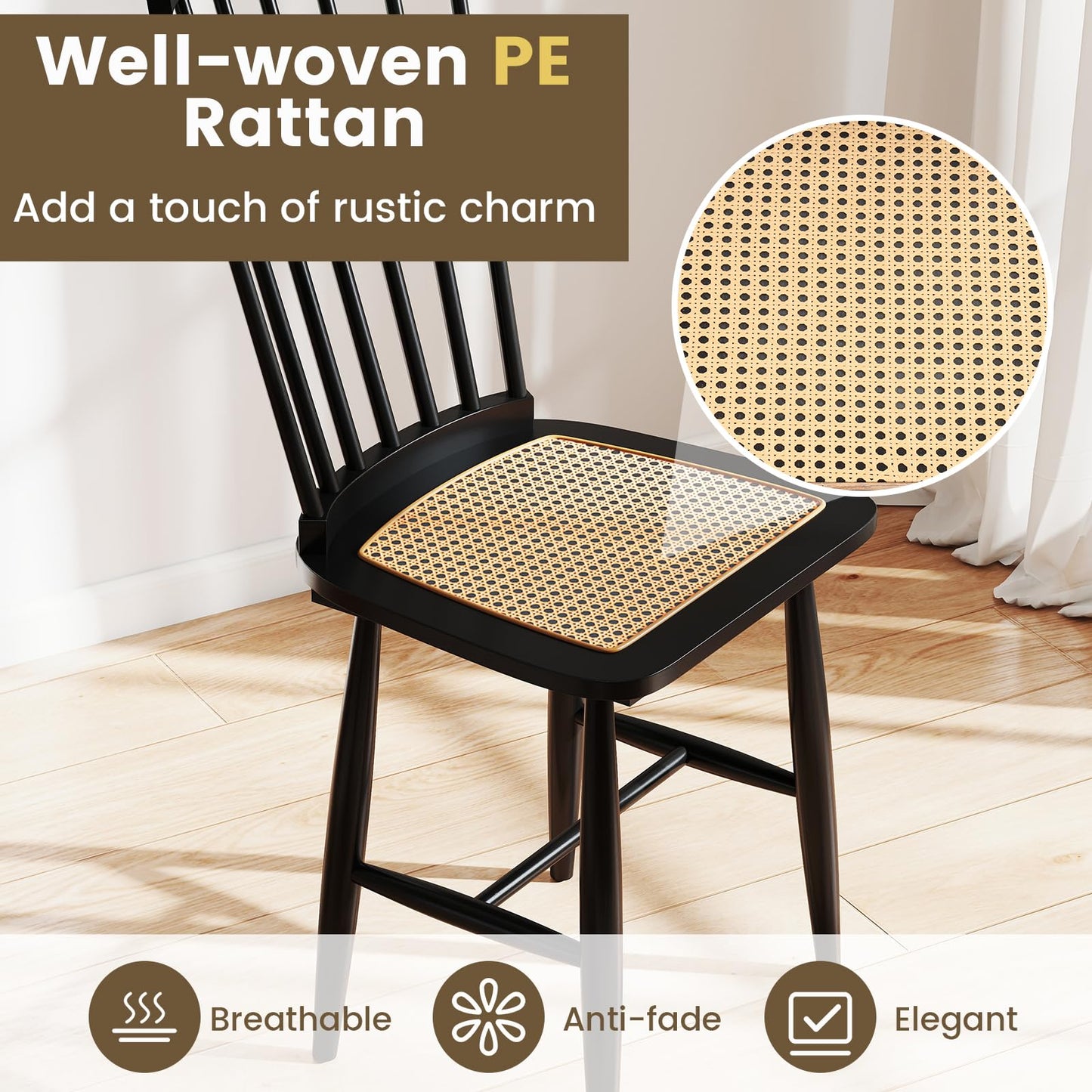 Windsor Dining Chair Set of 2 with Spindle Back and PE Rattan Seat for Kitchen