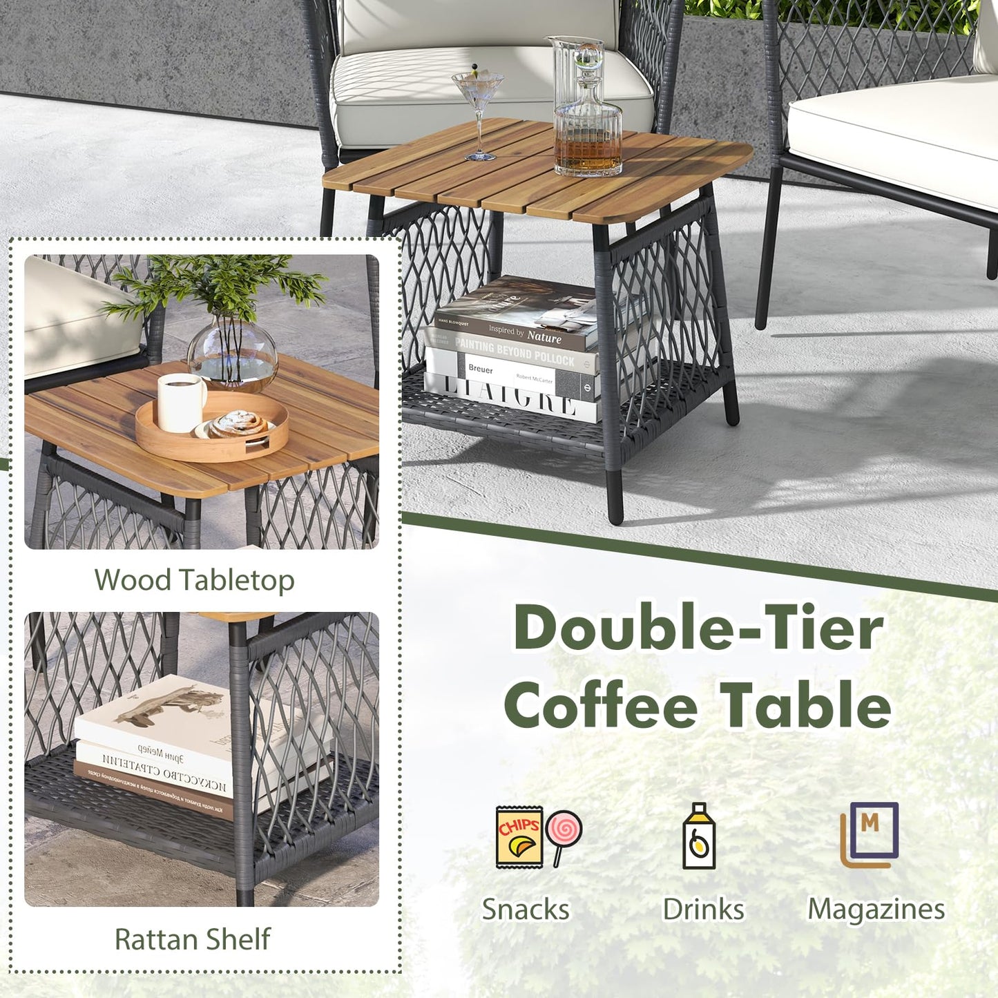 3 Piece Patio Furniture Set with Acacia Wood Armrests and Tabletop