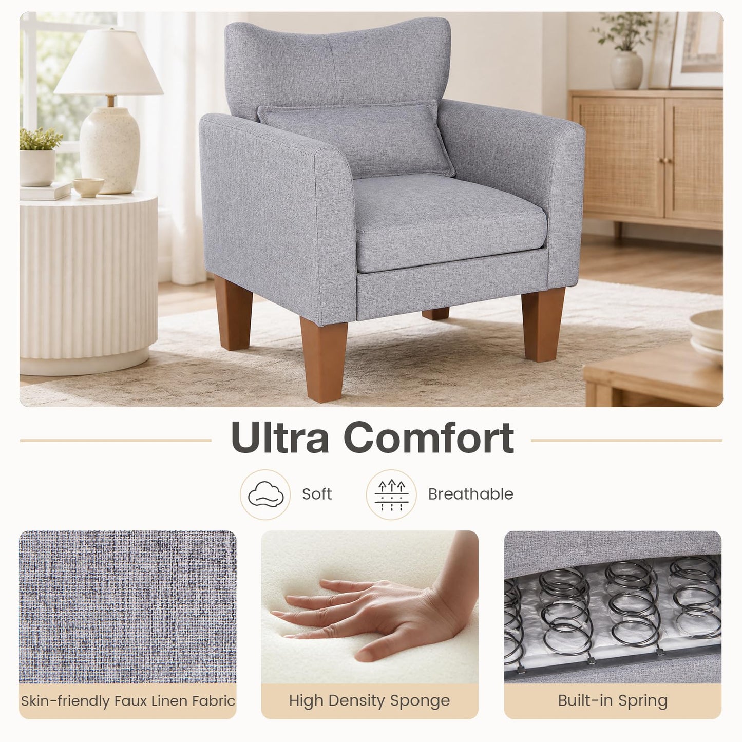 Wingback Armchair, Linen Fabric Accent Chair with Pillow