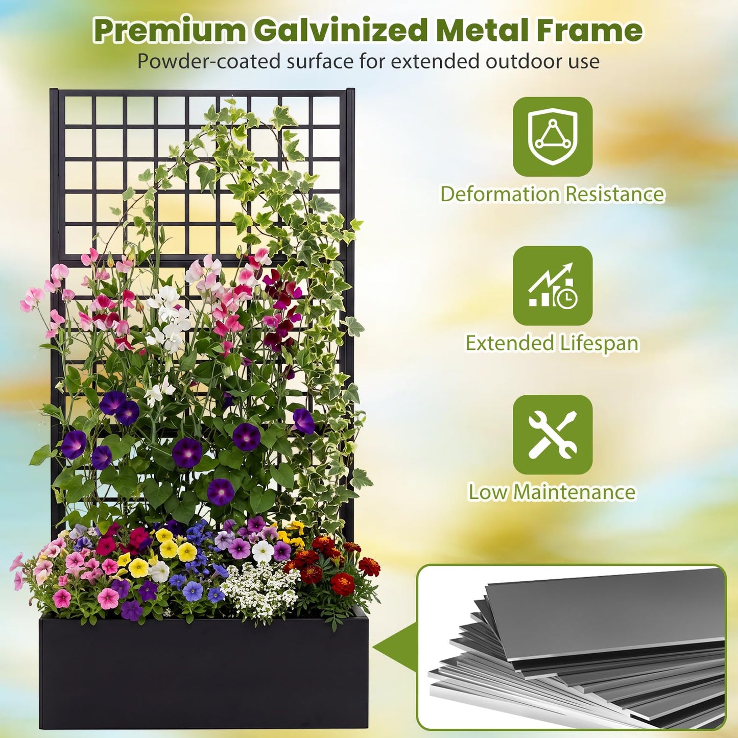 Garden Planter with Trellis, Metal Trough Grow Box with Drainage Holes