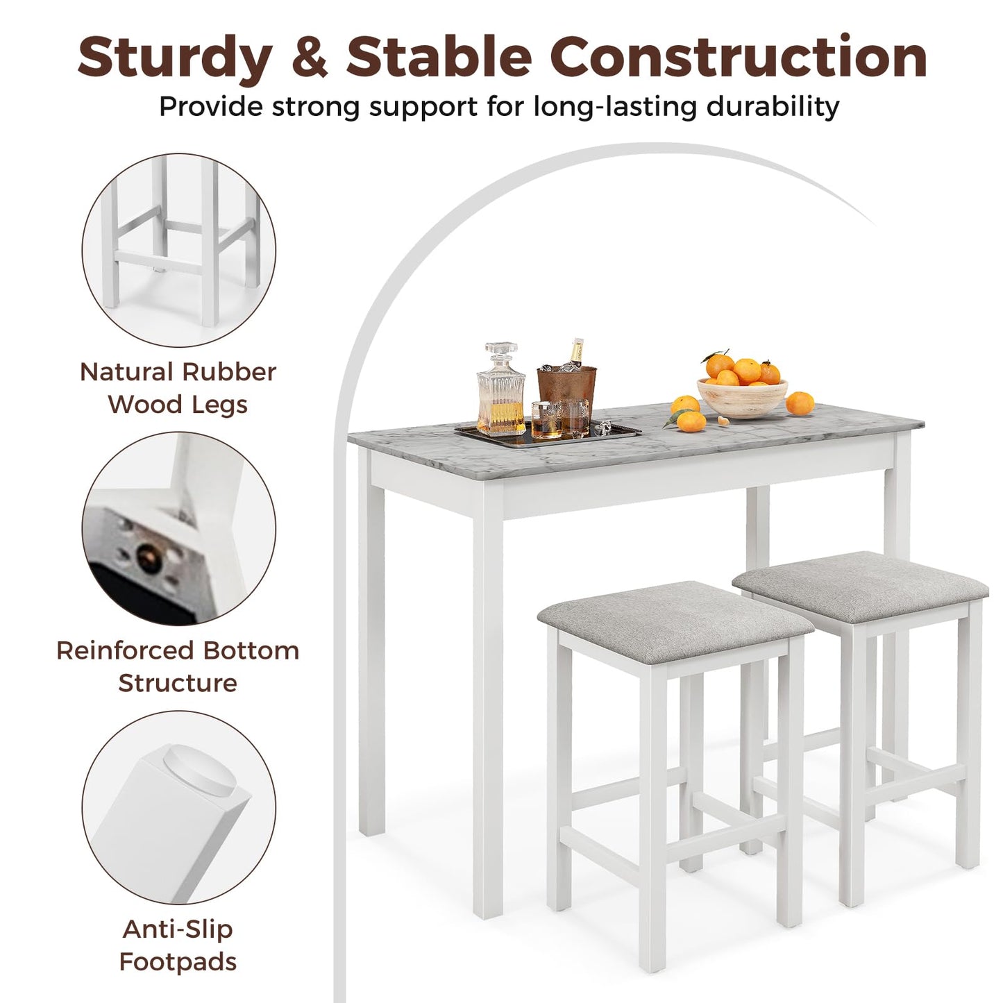 3 Pieces Pub Counter-Height Bar Table Set with Rubber Wood Legs