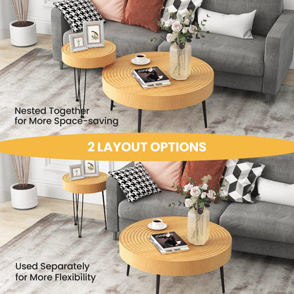 Solid Wood Center Nesting Tables Set of 2 with Water-ripple Tabletop