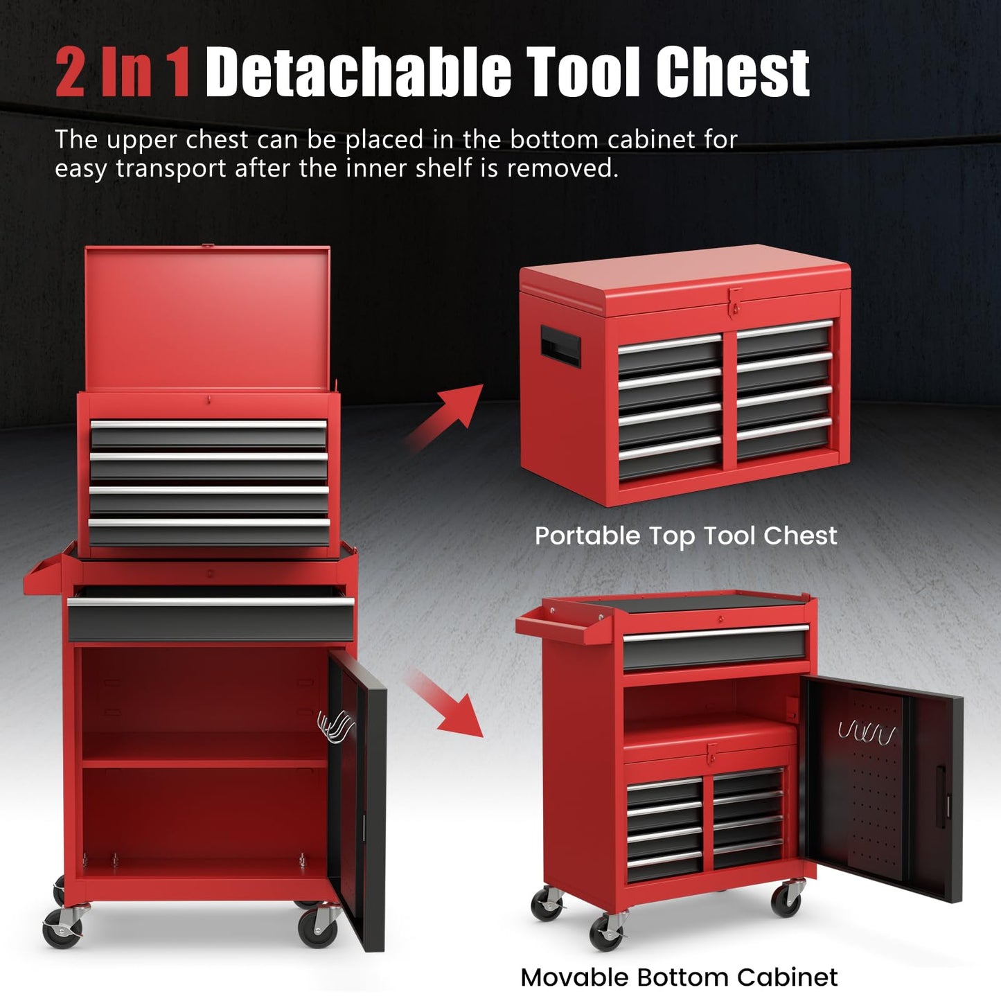 2 in 1 Lockable Metal Tool Chest with Removable Top Cabinet (with Adjustable Shelf)