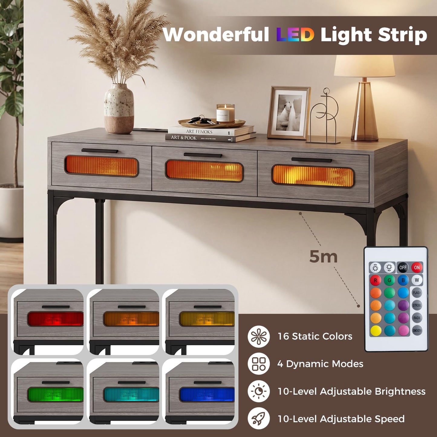 Console Table with LED Lights and Charging Station, 90cm Narrow Entryway Table with 3 Drawers