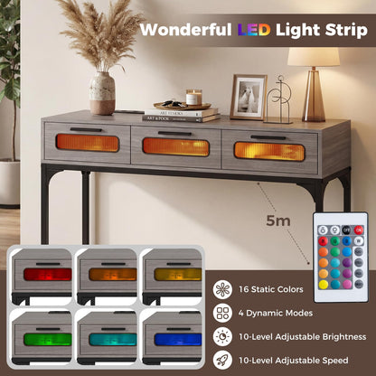 Console Table with LED Lights and Charging Station, 90cm Narrow Entryway Table with 3 Drawers