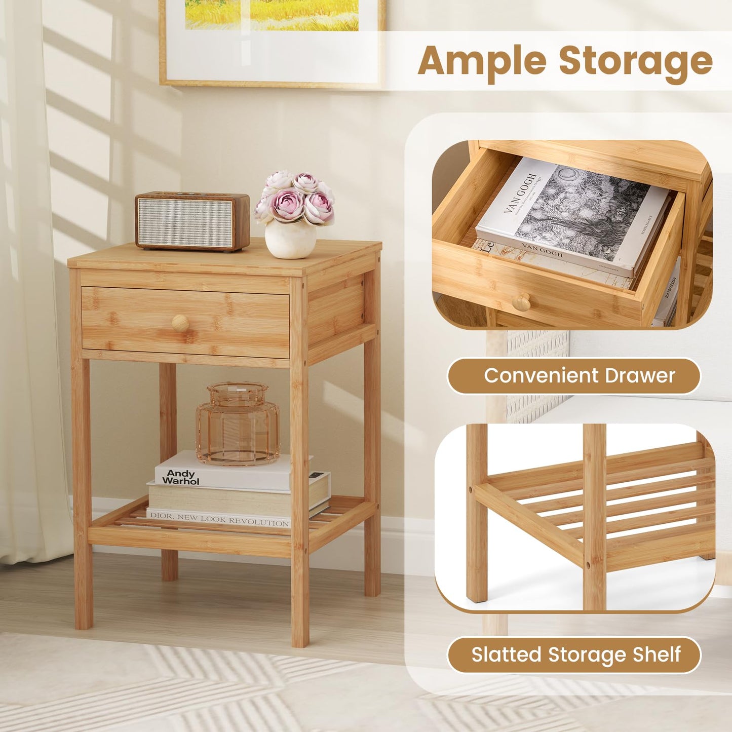 Bamboo Nightstand Sofa Side End Table with Drawer and Open Storage Shelf