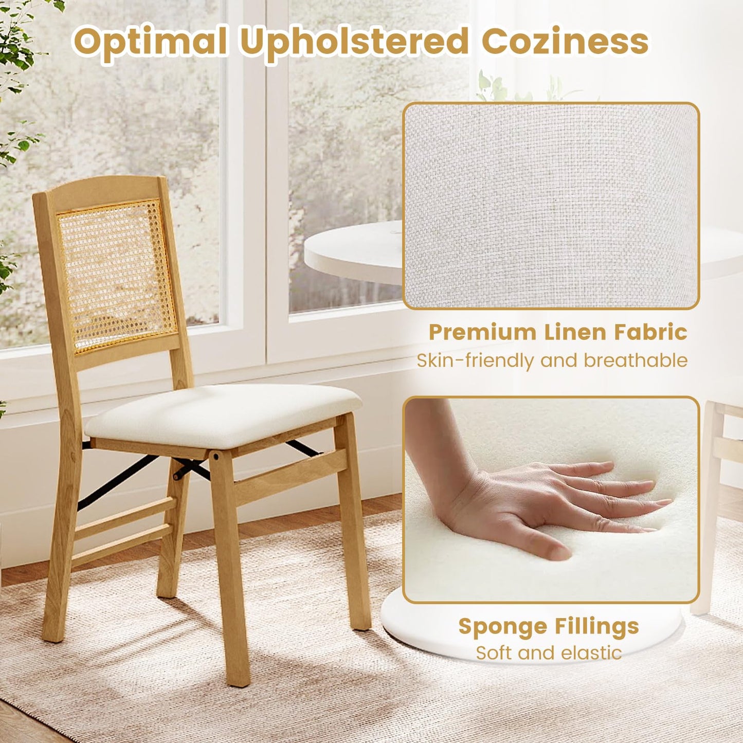 Wooden Folding Chairs Set of 2 Rustic Rubber Wood Dining Chairs with Linen Padded Seat