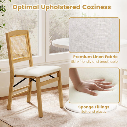 Wooden Folding Chairs Set of 2 Rustic Rubber Wood Dining Chairs with Linen Padded Seat