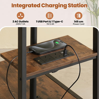 Height Adjustable C-Shaped Side Table with Charging Station, Wheels