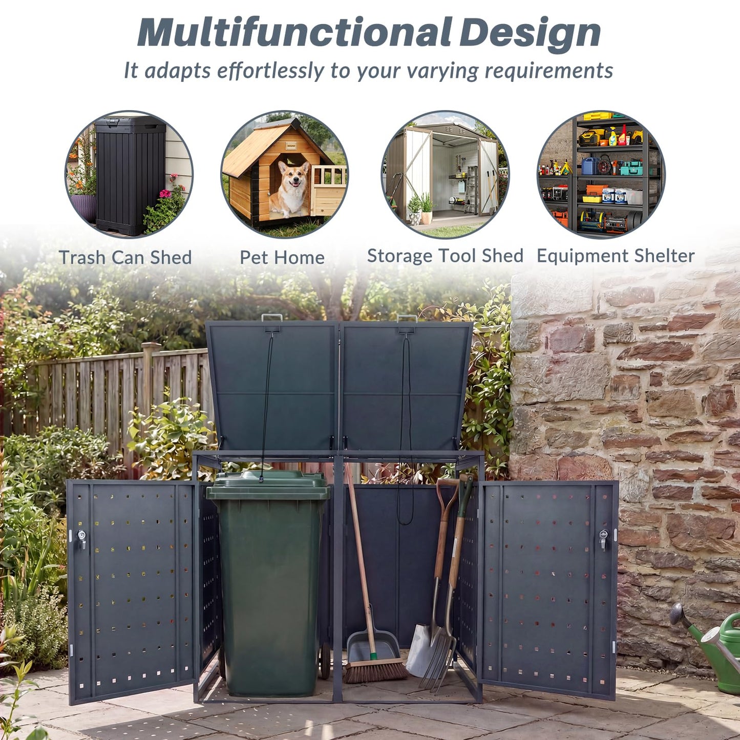 Double Wheelie Bin Storage, 240L Metal Garden Bin Hideaway with Gas Struts