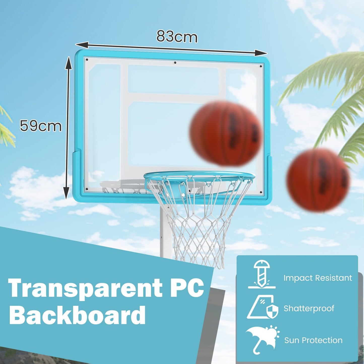 Pool Basketball Hoop Poolside Basketball Goal with 83 cm Shatterproof Backboard