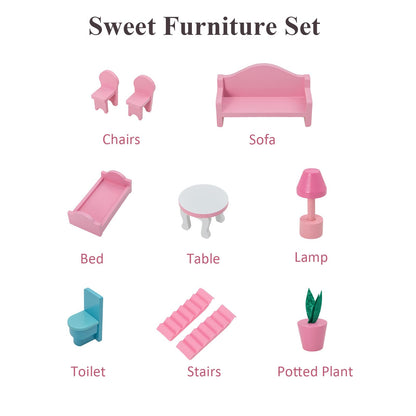 Kids Wooden Dollhouse DIY Pretend for Toddlers 3-7 Years Old