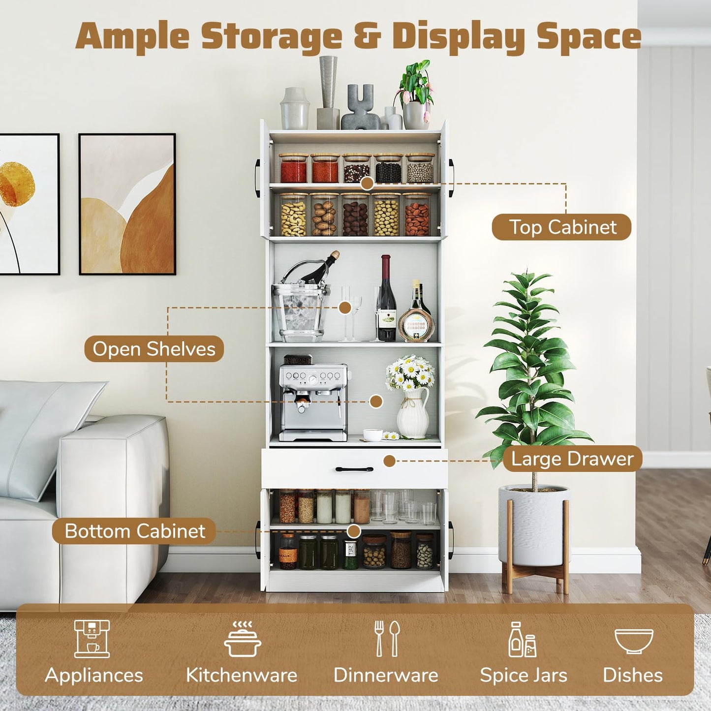 Kitchen Pantry Cabinet with Charging Station 168 cm Tall Cupboard with 4 Doors and 2 Adjustable Shelves
