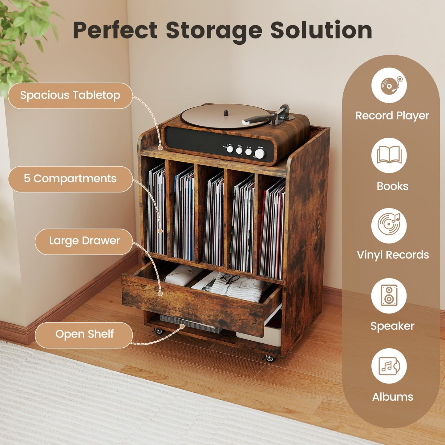Record Player Stand On Wheels with 5 Compartments for Living Room Bedroom