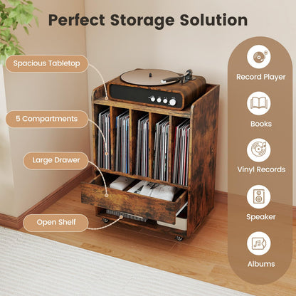 Record Player Stand On Wheels with 5 Compartments for Living Room Bedroom