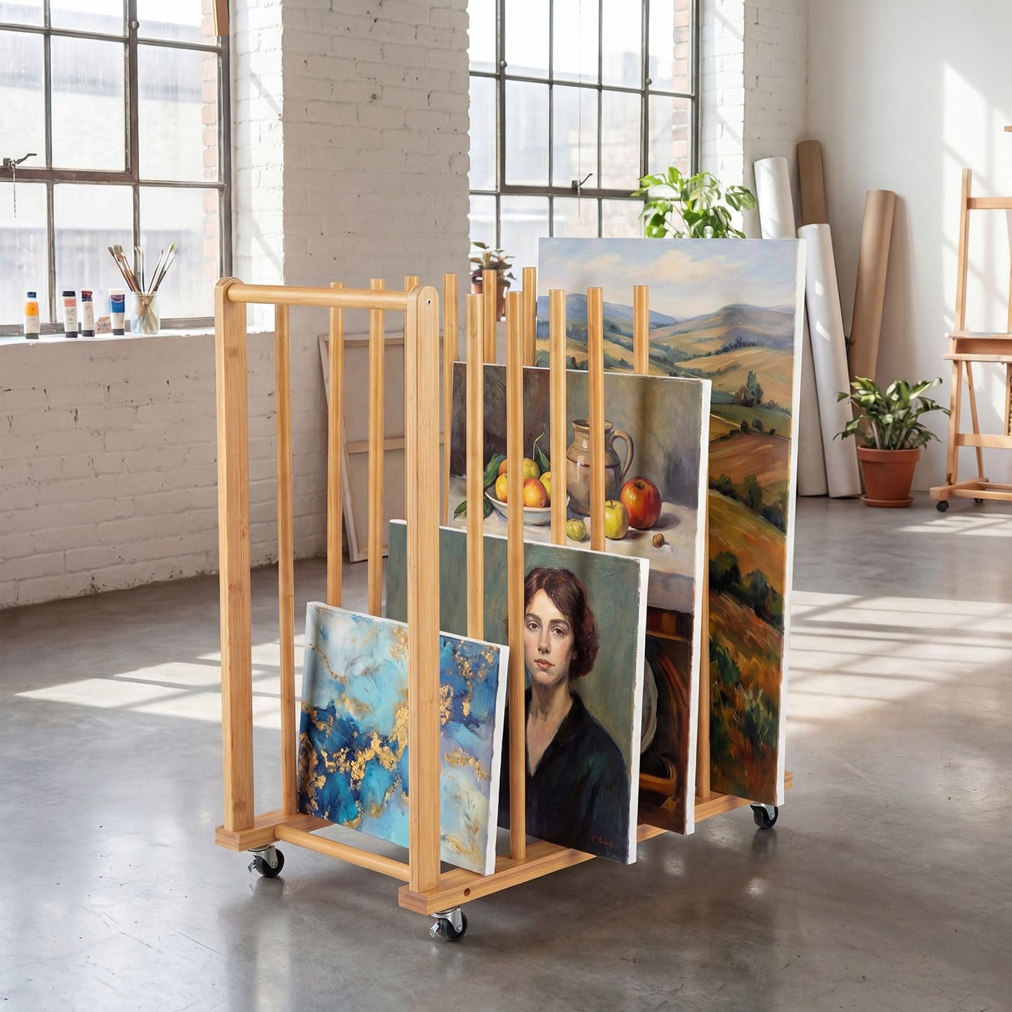 Bamboo Art Storage Rack with 4 Wheels and Side Handle for Canvases and Frames