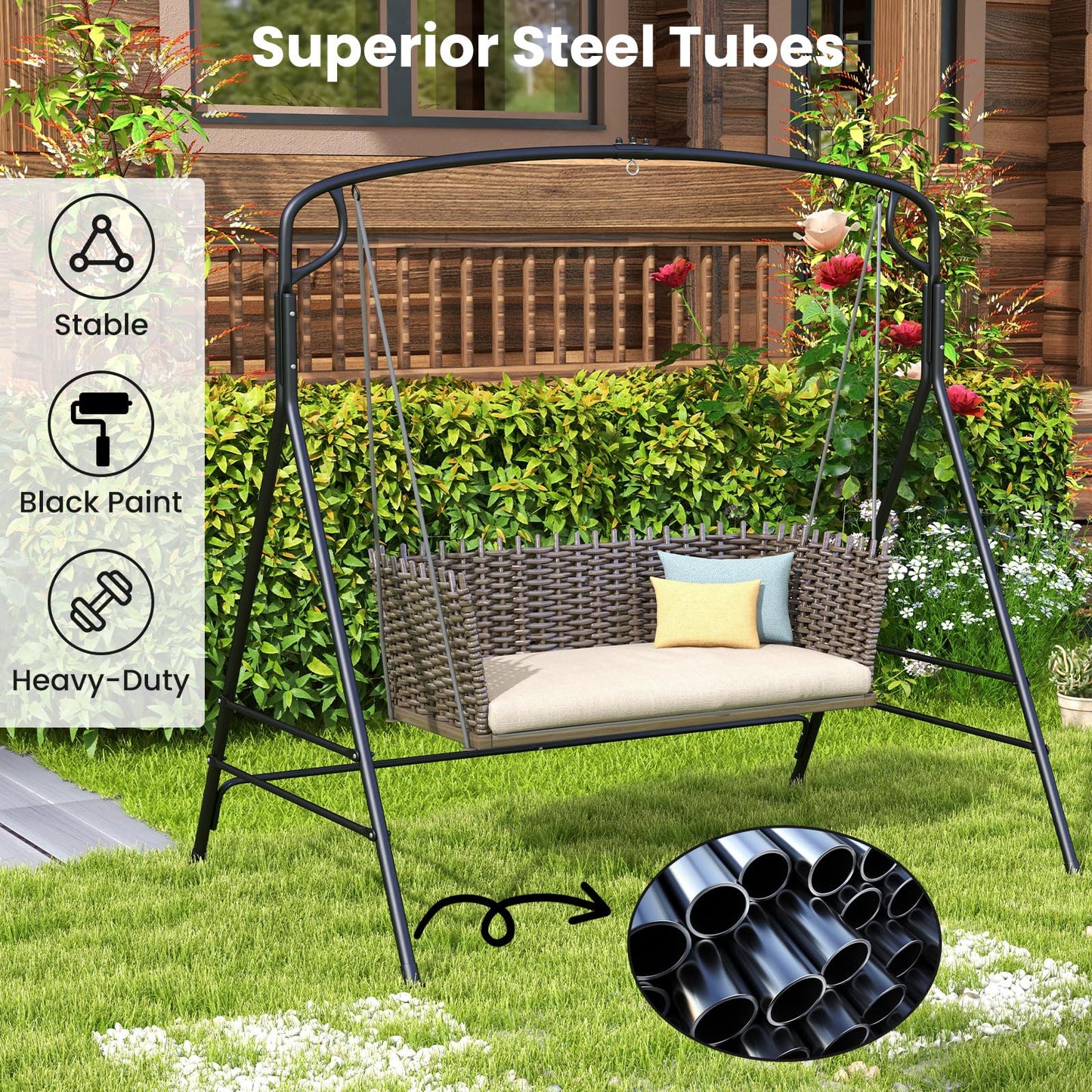 Outdoor Metal Swing Frame Sturdy A-Shaped Porch Swing Stand with Extra Side Bars