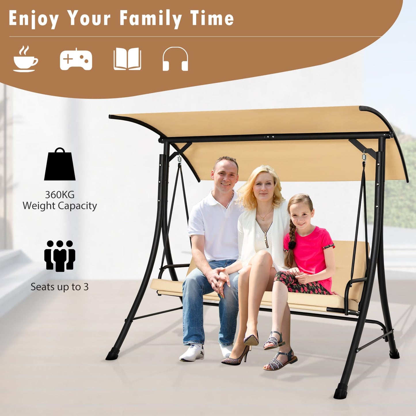 3 Seater Garden Hammock Bench Chair with Adjustable Canopy and Soft Cushions