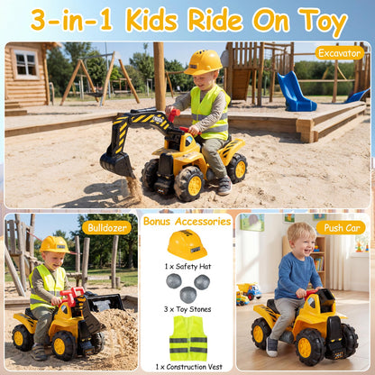 3-in-1 Ride on Excavator Bulldozer, Kids Foot-to-Floor Push Car