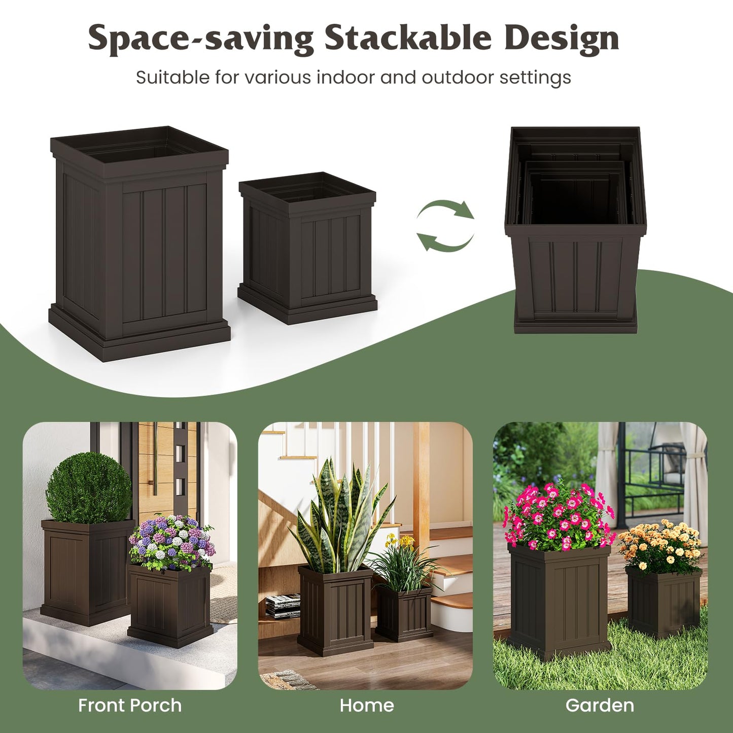 Giantex Square Plastic Planters Set of 2 48cm Large & 32cm Small Flower Pots with Drainage Holes