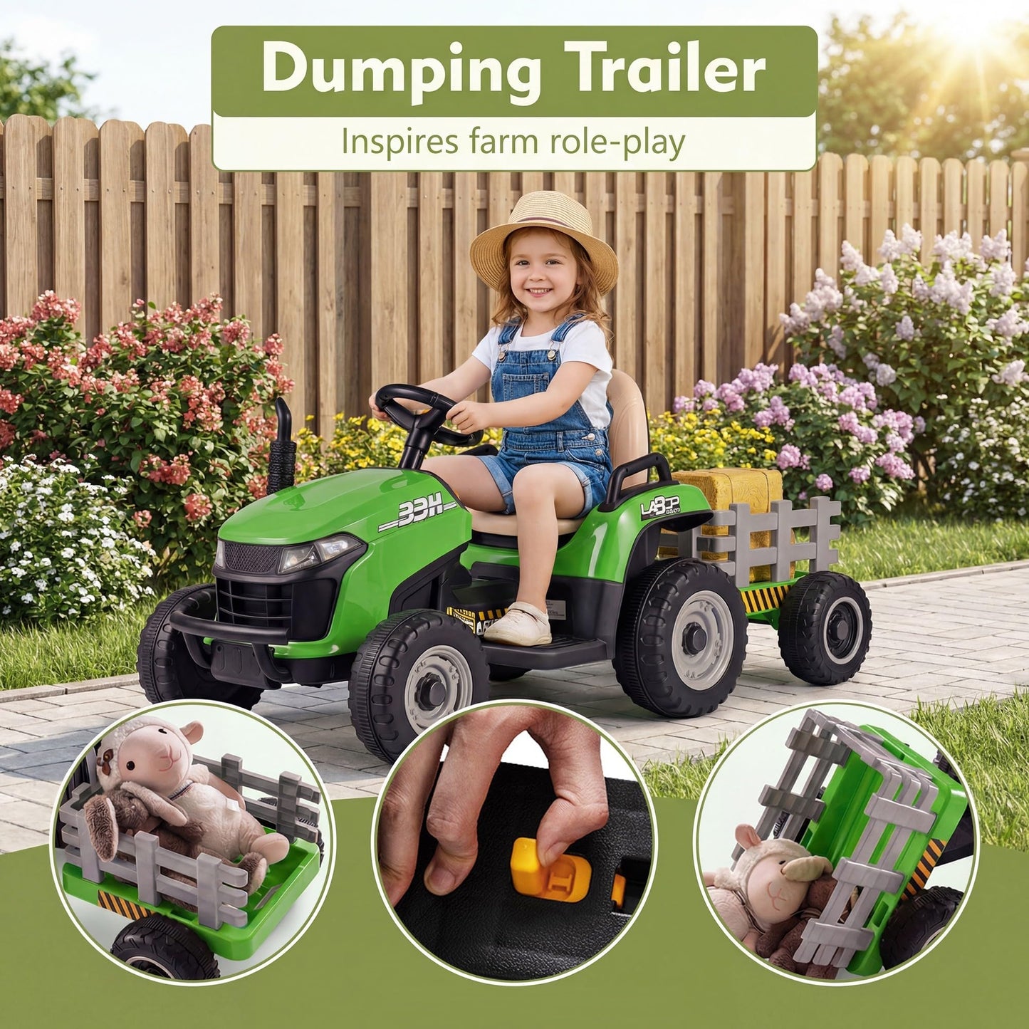 24V Ride on Tractor with Tiltable and Detachable Trailer Battery Powered Electric Tractor