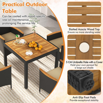 5 PCS Patio Dining Table Rattan Conversation Set with Umbrella Hole