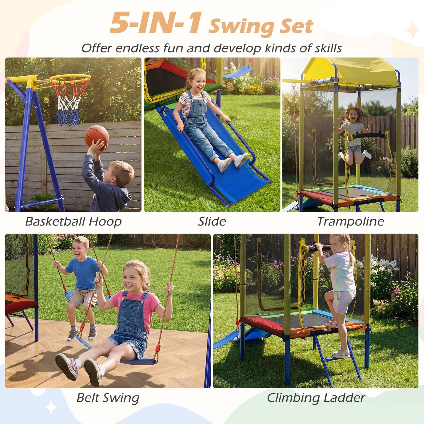 5-in-1 Kids Swing Set, Heavy-duty Metal Swing Stand with Trampoline, Roof