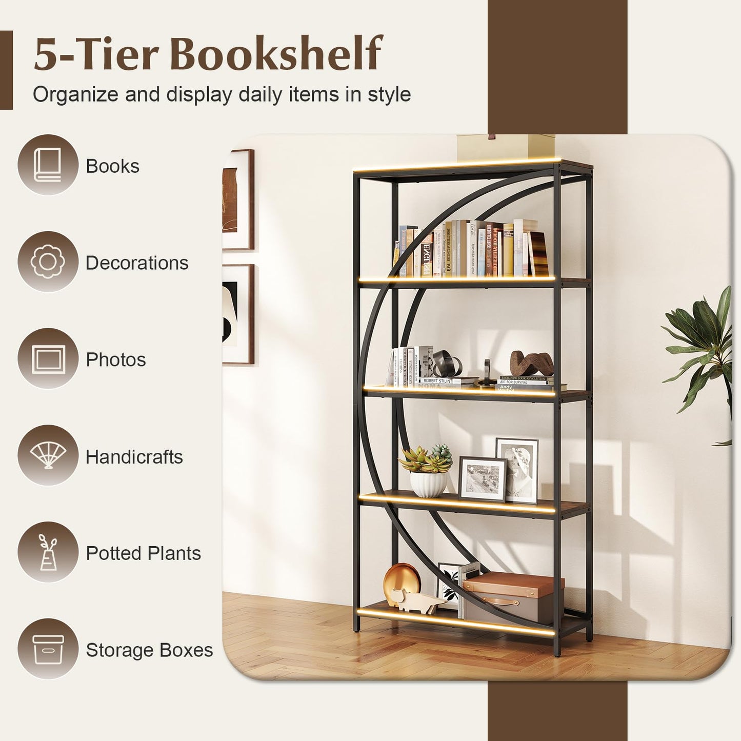 5-Tier Industrial Etagere Bookshelf with Open Storage Shelves and Arc-Shaped Design
