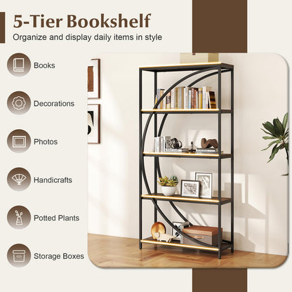 5-Tier Industrial Etagere Bookshelf with Open Storage Shelves and Arc-Shaped Design