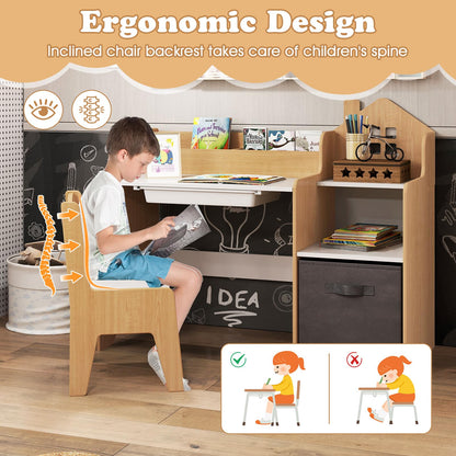 Kids Study Desk and Chair Set Children Study Table with Open Shelves