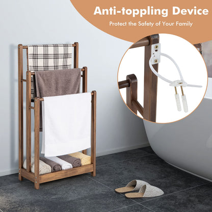 Solid Wood Towel Holder Drying Stand with 3 Towel Rails and Storage Shelf