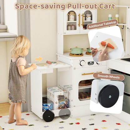 Corner Kitchen Playset Kids Pretend Play Kitchen with Pull-out Cart Fabric Bins