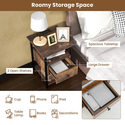 3-Tier Nightstand with Charging Station Open Shelves and Drawer