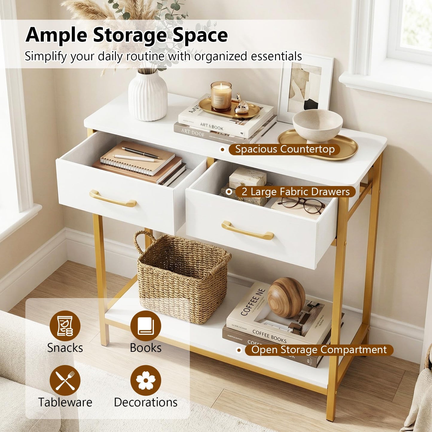 Narrow Console Table, 75cm Slim Entryway Table with 2 Storage Drawers and Open Shelf