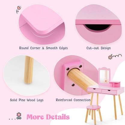 Kids Vanity Table and Stool Set with Square Mirror and Storage Shelf