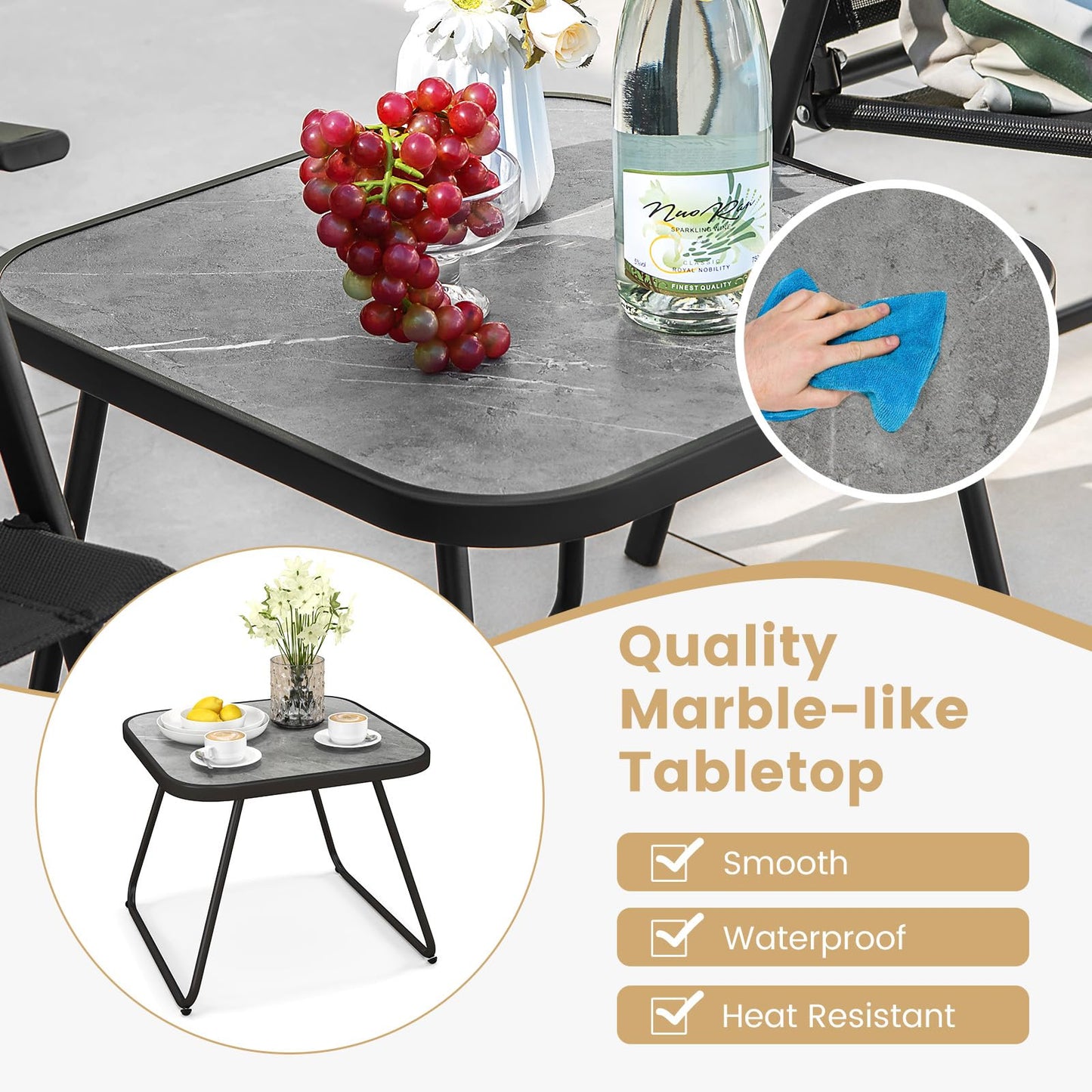 Garden Folding Chairs and Table Set with Marble-like Tabletop