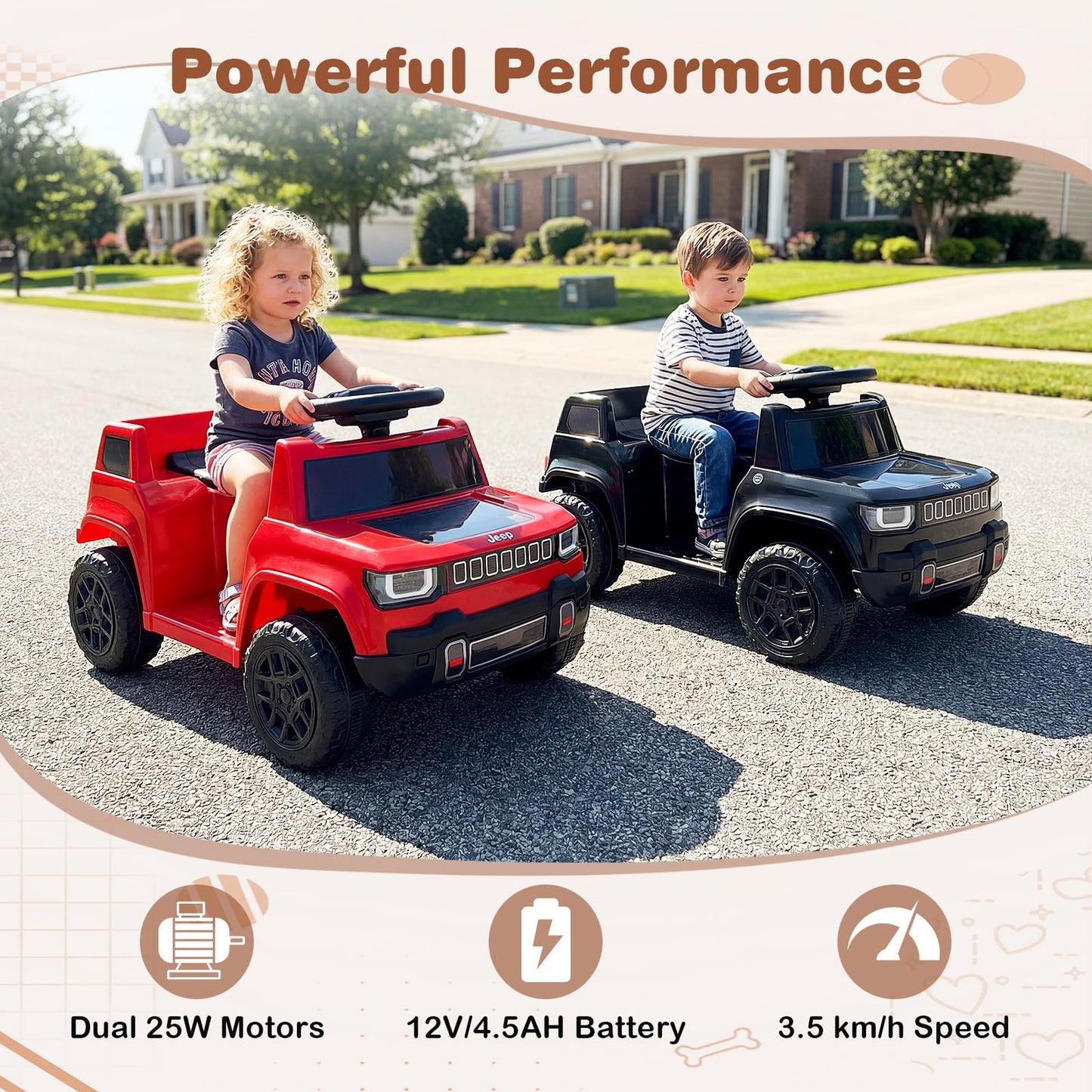 12V Kids Ride on Car, Licensed Jeep Electric Vehicle with LED Lights