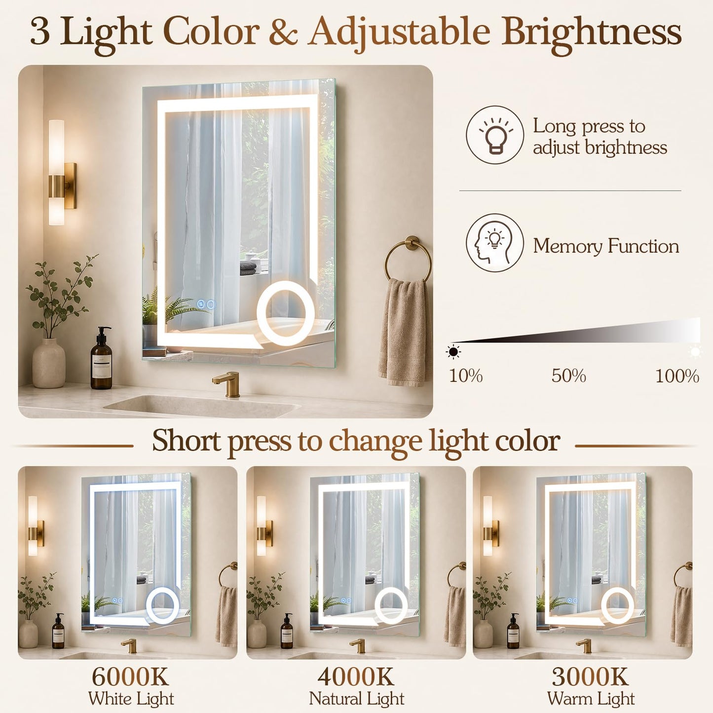 500x700mm Bathroom Mirror with LED Lights, 3x Magnifier, Anti-Fog