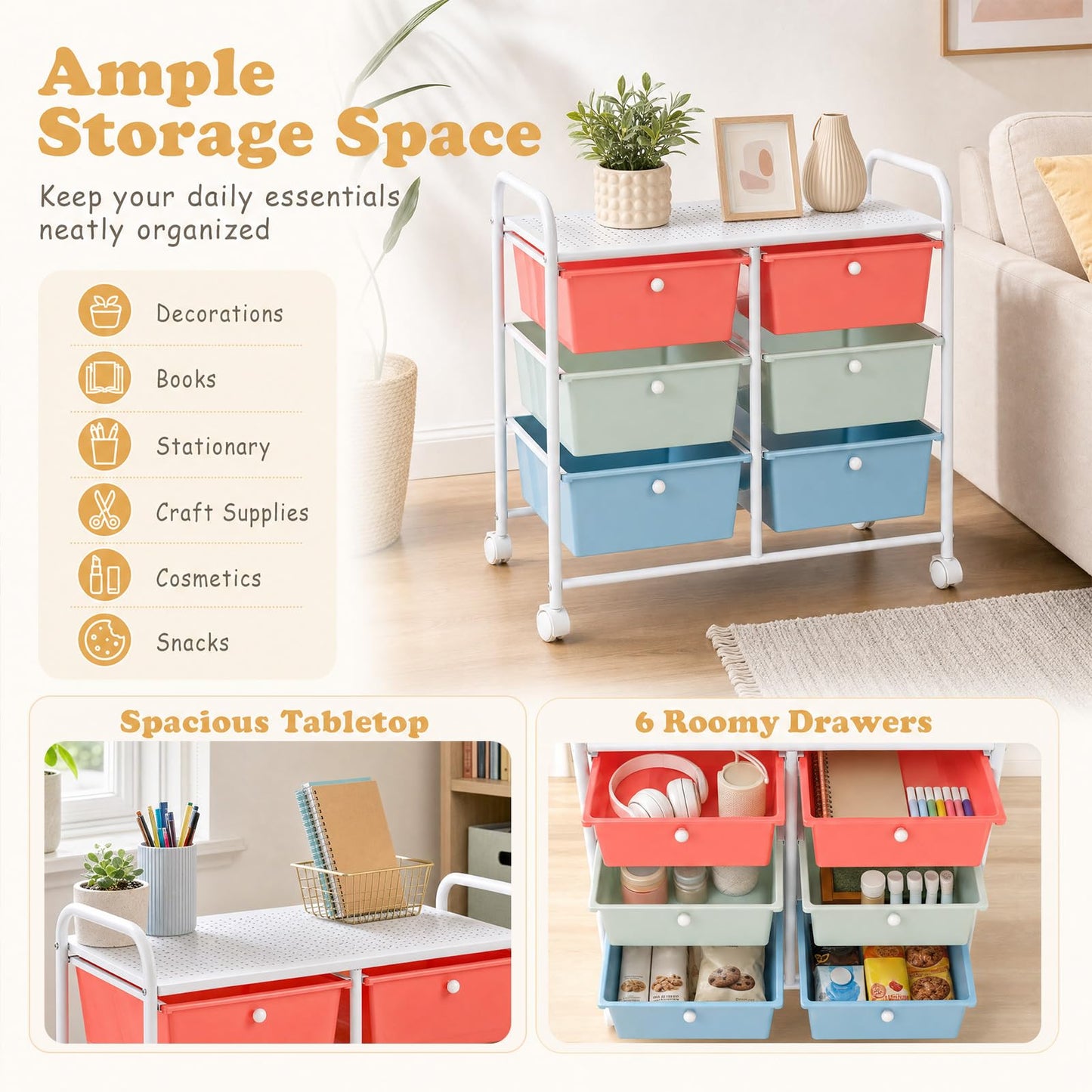 6 Drawer Storage Cart with Lockable Wheels & Handles