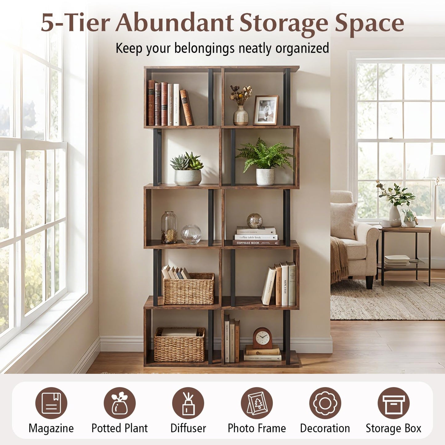 5-Tier Modern Bookshelf with Metal Frame for Home Office