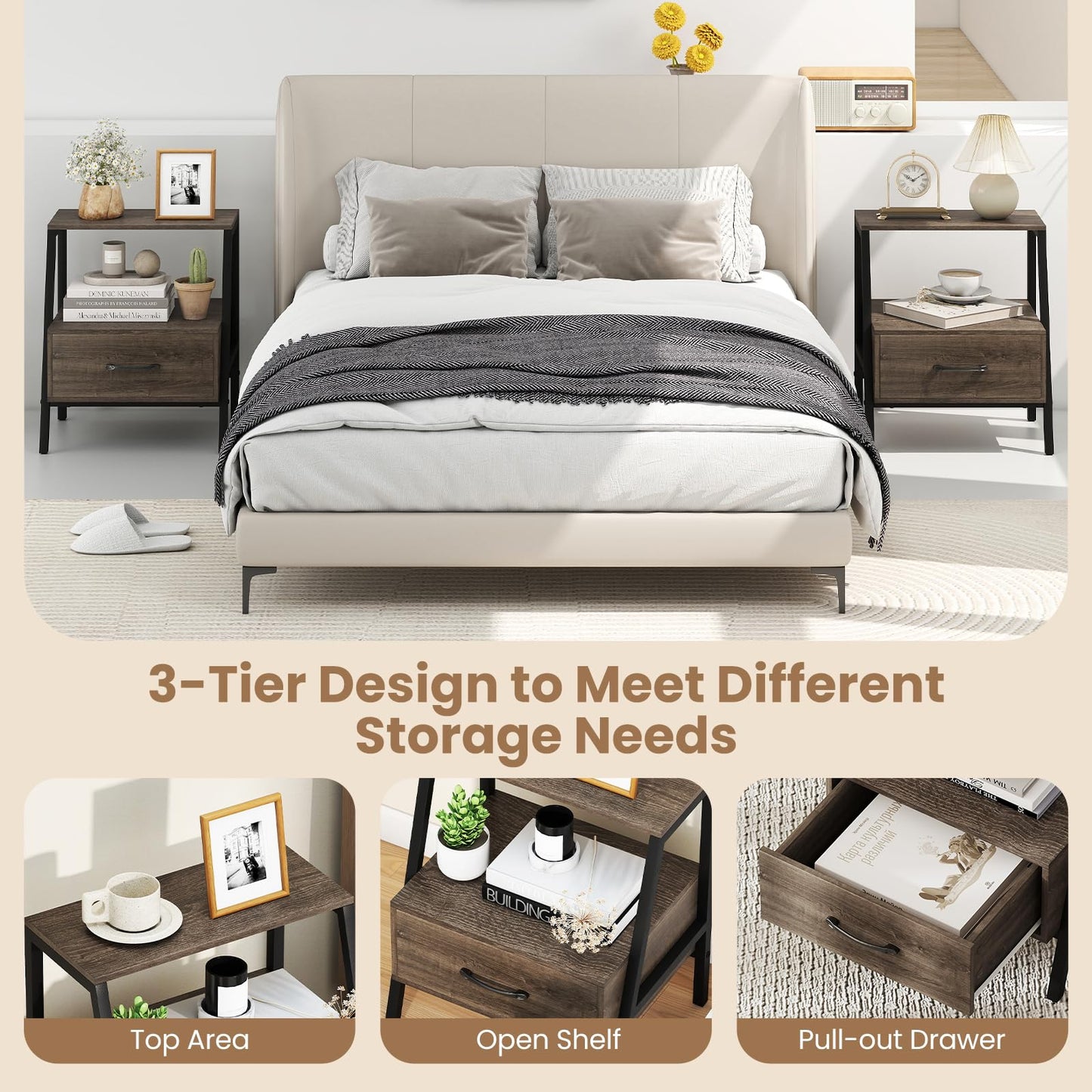 Farmhouse Nightstand End Sofa Side Table with Drawer and Storage Shelf