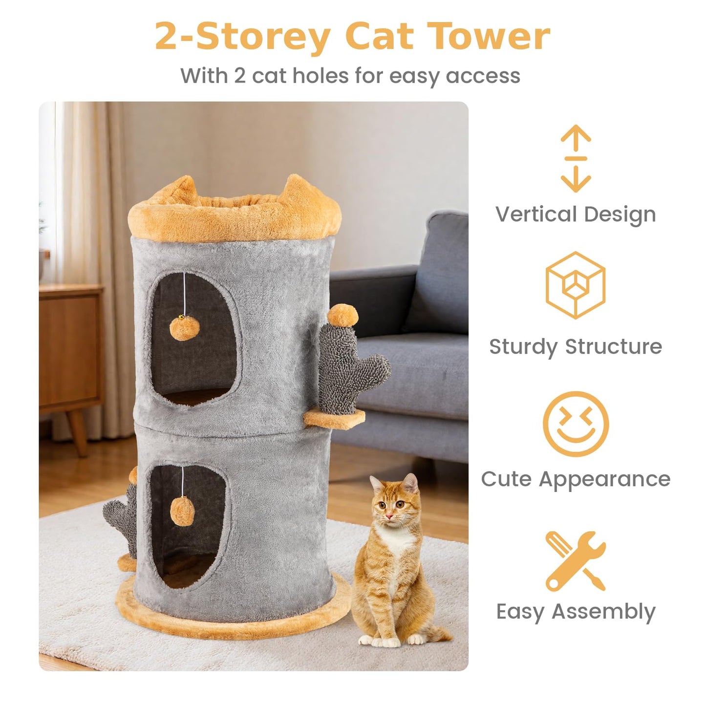 Cute Small Cat Tree Tower with Cozy Condos and Plush Danging Balls