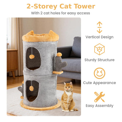 Cute Small Cat Tree Tower with Cozy Condos and Plush Danging Balls