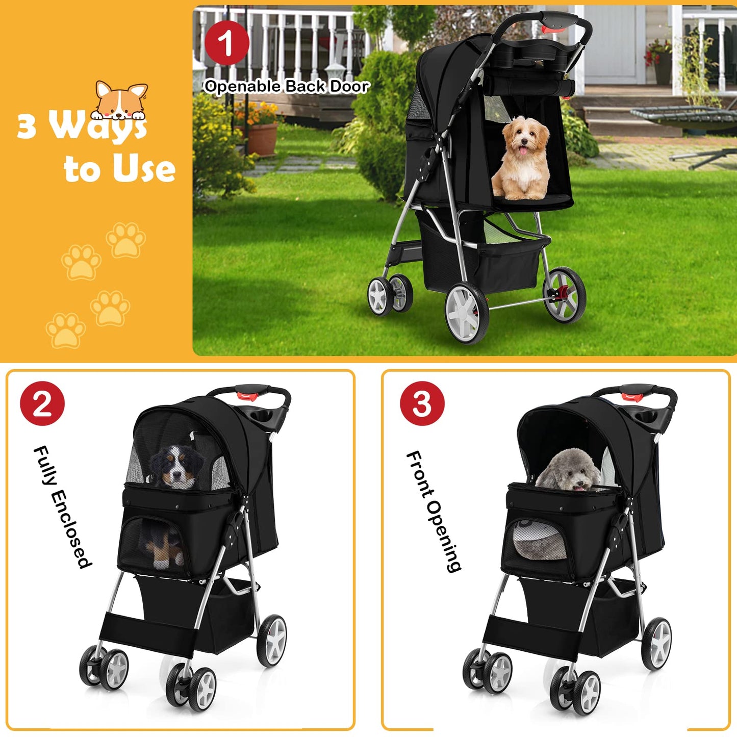 4-Wheel Folding Pet Stroller with Storage Basket and Adjustable Canopy