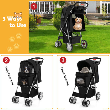 4-Wheel Folding Pet Stroller with Storage Basket and Adjustable Canopy