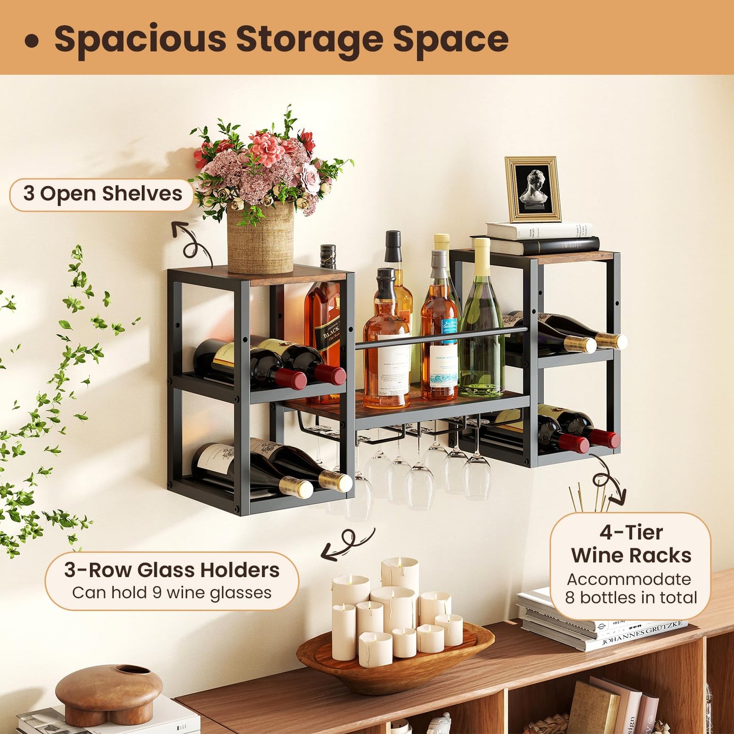 Wall Mounted Wine Rack, 3-Tier Metal Hanging Wine Rack