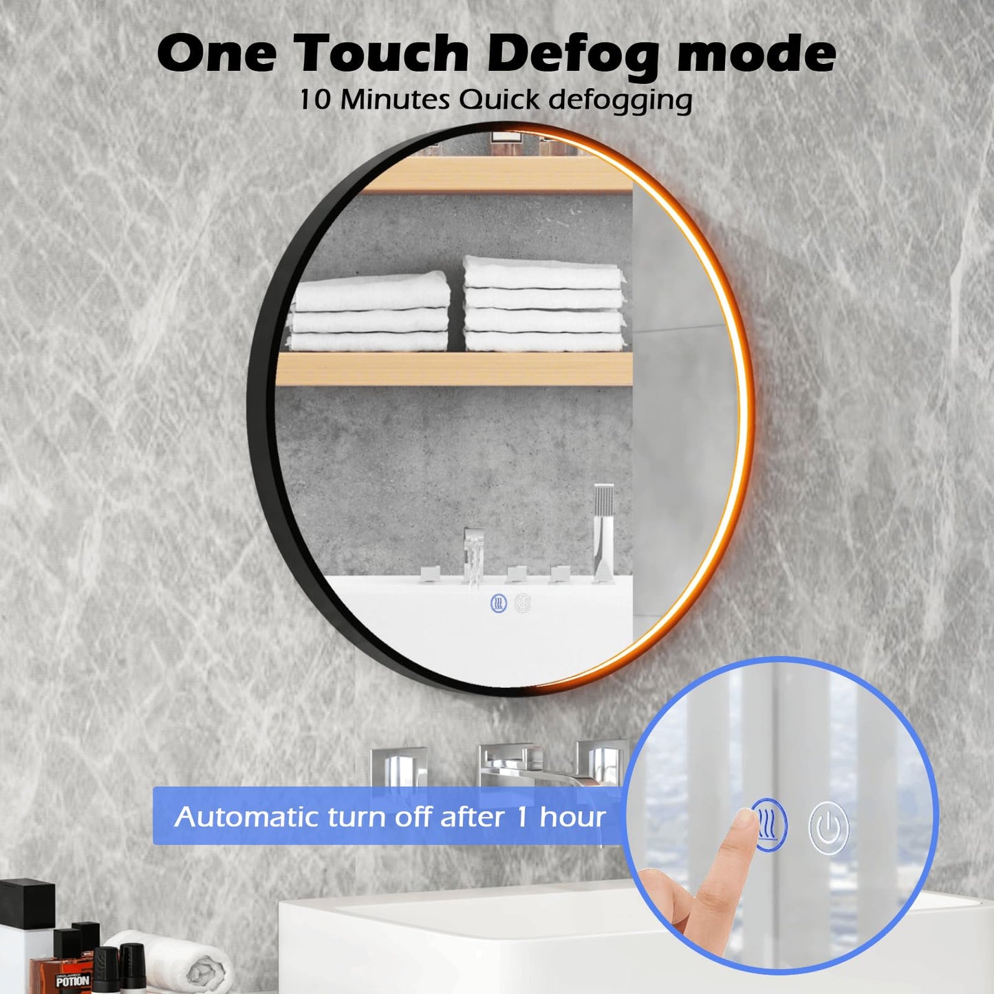 60 CM Round Bathroom Mirror with LED Lights and Anti-Fog Design